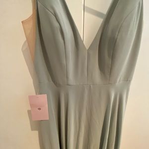 Long Jenny Yoo dress in morning mist color.